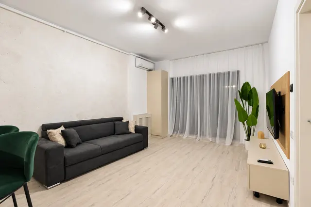 Living cu canapea gri, televizor pe perete și o plantă mare, la Casa del Mar, Mamaia Nord