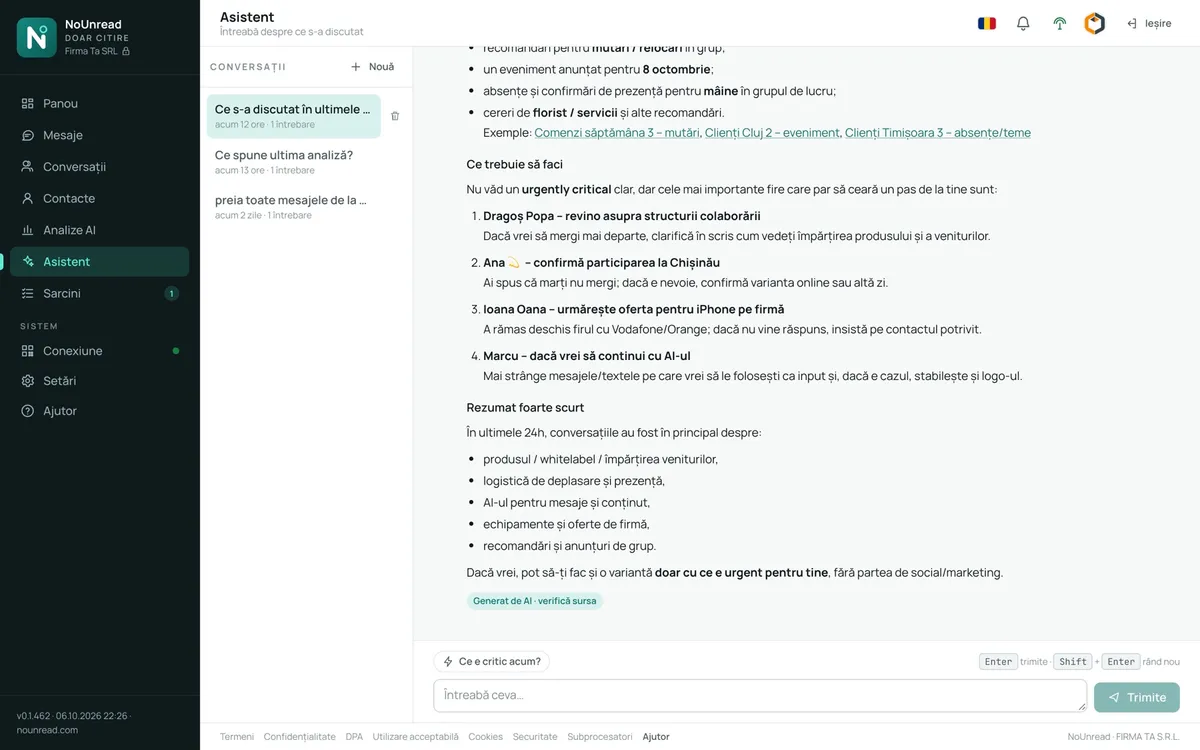 Asistentul răspunde la întrebarea despre ce s-a discutat în ultimele 24 de ore, cu ce ai de făcut și linkuri spre grupuri